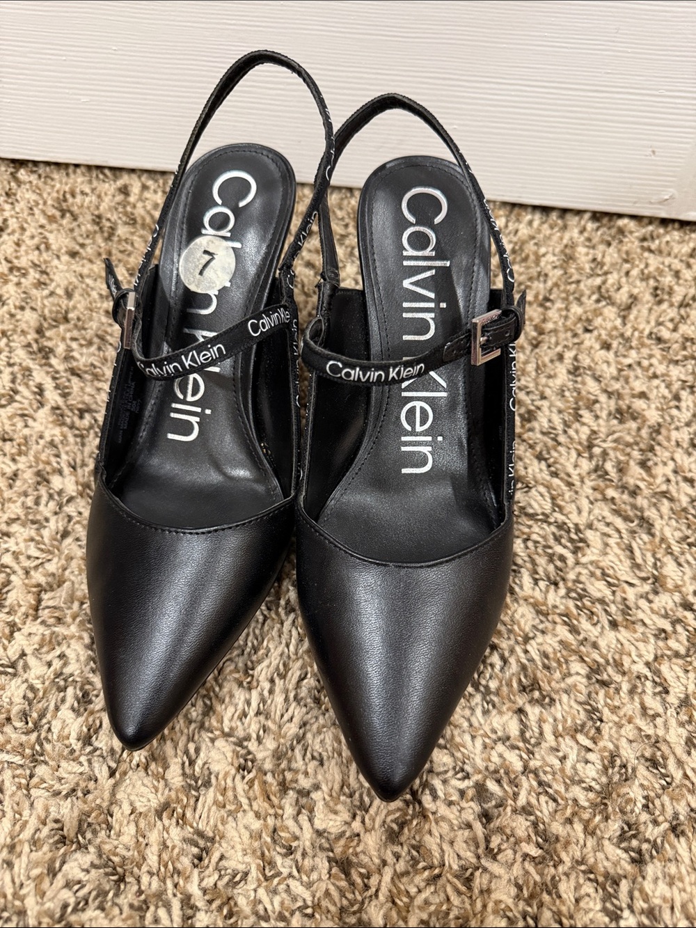 Calvin Klein Black Pointed Slingback Heels with Logo Strap